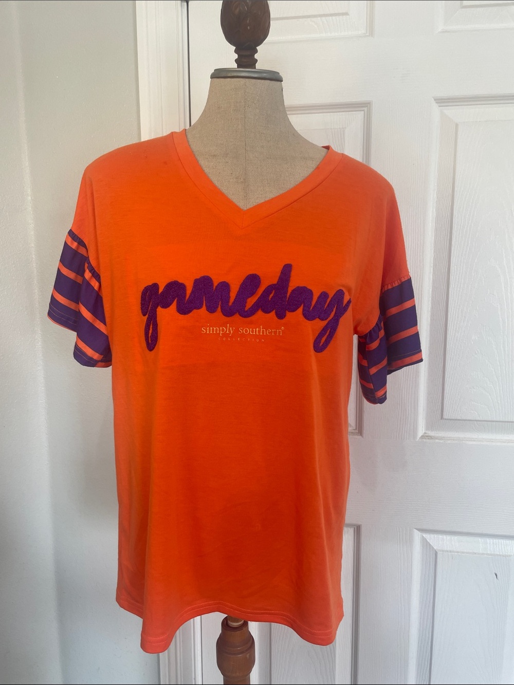 Simply Southern Orange V-Neck 'Gameday' Tee with Purple Script